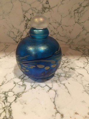 Handblown Glass Blue Perfume Bottle w/Stopper Signed 1990