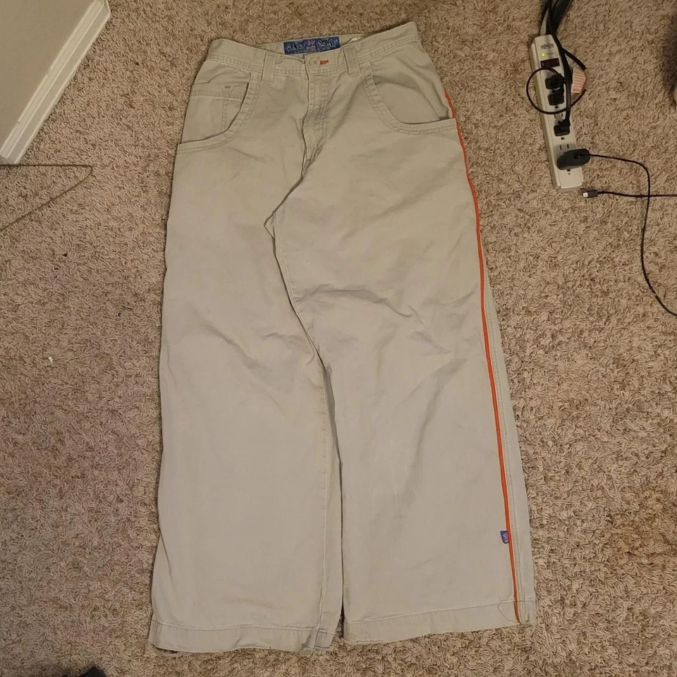 Jeans skatista vintage JNCO Scoops masculino 32x30 cáqui folgado perna larga raro - Imagem 2 de 4