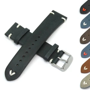 Bracelet de montre en cuir de veau véritable style vintage (point V) boucle en acier inoxydable