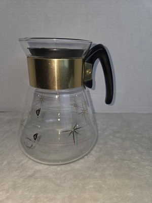 Vintage Pyrex Atomic Gold Star Coffee Pot With Pour Lid 4-6 Cup Carafe