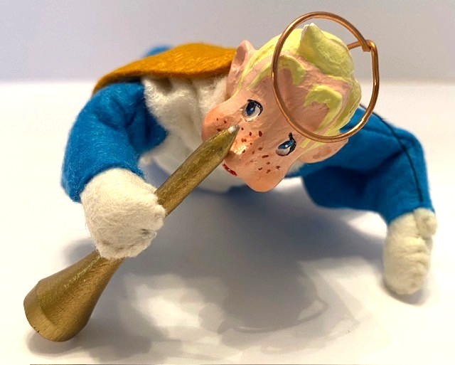 New! Vtg. Handmade Simpich Angel Ornament-Gabriel-Blonde-Blue/White w/Trumpet