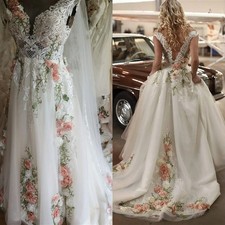 3D Flowers Wedding Dress Off Shoulder A-Line Appliques Lace Ribbons Bridal Gowns