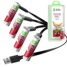 EBL Rechargeable 1.5V AA Lithium Batteries 3500mWh /USB Cable Li-ion Battery Lot