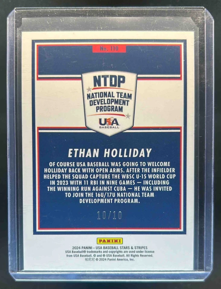 2024 Panini Stars & Stripes USA Baseball Ethan Holliday Gold Lightning #10/10 - Image 2 of 2