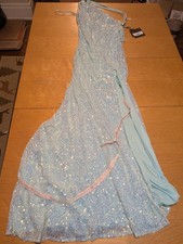 MAC DUGGAL 26990 SEQUINED STRAPPY DRAPED BACK ICE BLUE GOWN  sz 8