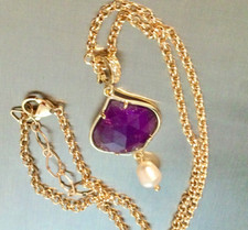 Gros Collier Plaqué Or 18K-Pendentif Perle-Améthyste-Bijou Chaîne Maille Jaseron