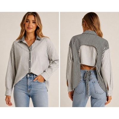 Unbranded Striped Button Down Shirt L Blue White Open Back Tie Detail Oversized