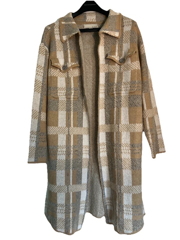 BY DESIGN Plaid Long Jacket Coat Beige White Gray Collared Pockets Size M