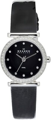Skagen 108SBLB Silver Tone Black Dial Black Leather Strap Womens Dress Watch