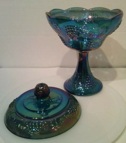 Vintage Iridescent BLUE Carnival Glass 10" Tall COMPOTE Grape Motif Candy Dish - Picture 2 of 9