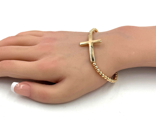 Sideways Cross Beaded Stretch Bracelet Gold - Picture 5 of 8