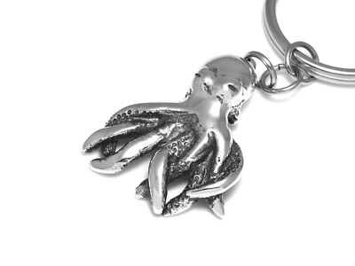 Octopus Keychain, Handmade Ocean Animal Keyring in Pewter on 30 mm Ring