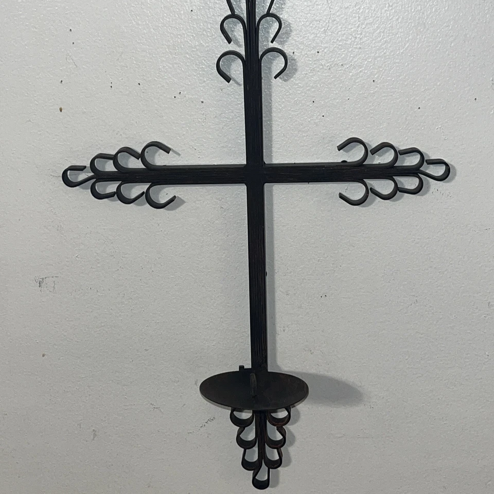 De Colección Hierro Estilo Artesanal CRUZ Aplique Montaje en Pared Pilar Candelabro 17.5"x12" Foto 4 de 4