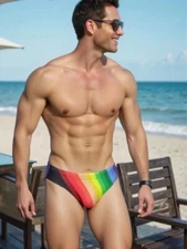 New Men's Sexy and Silky Pride Rainbow Low Rise Bikini w/Contoured Pouch -Gay