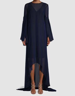 $3990 Akris Women's Blue Silk Georgette Hi-Low Hem A-Line Gown Dress Size 4