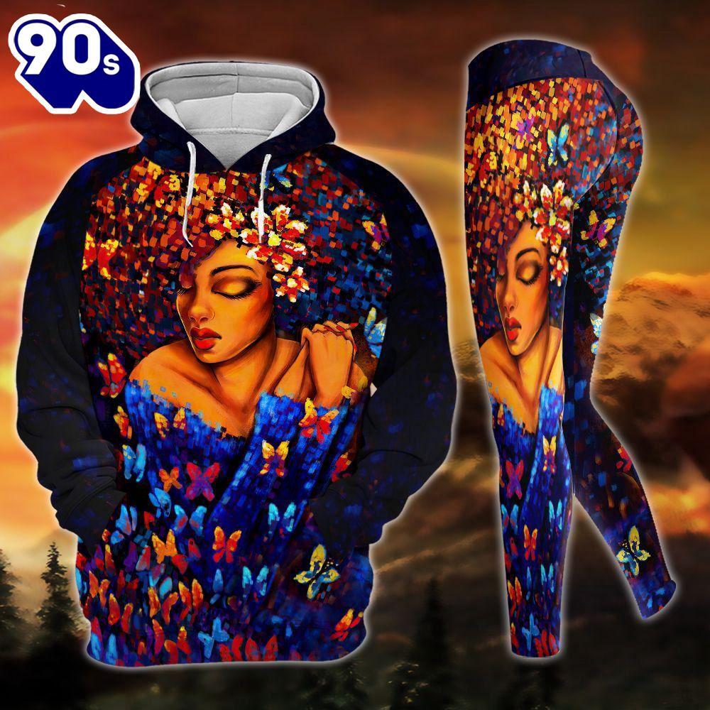 Black Girl Buttefly All Over Print Leggings Hoodie Set Outfit For Women Gift