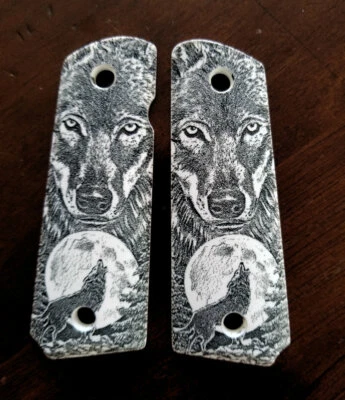 COLT 1911 custom engraved imitation ivory scrimshaw grips Howling Wolf Moon