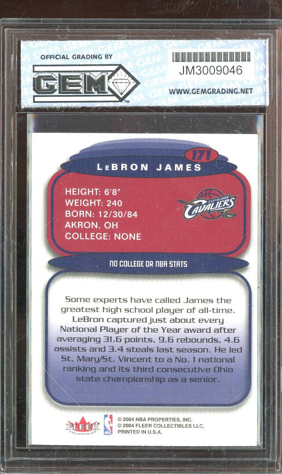 200304 Fleer Ultra 171 LeBron James Cavaliers RC Rookie GEM GRADING