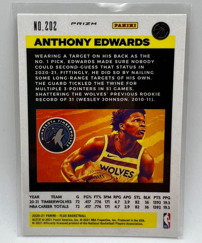 ANTHONY EDWARDS 2020-21 Panini Flux Fanatics CRACKED ICE PRIZM Rookie RC #202 - Foto 2 di 8