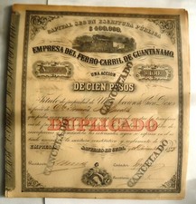 CARIBBEAN PUERTO RICO SPAIN 1877 RAILROAD RED DUPLICATE STOCK CERT. 100 Pesos