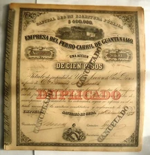 CARIBBEAN PUERTO RICO SPAIN 1877 RAILROAD RED DUPLICATE STOCK CERT. 100 Pesos