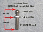 Gas Spring 1" LONG Stainless Steel 5/16 Thread 10mm Ball Stud Bolt Pin Mount