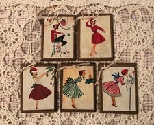5 NEW Handcrafted Wooden VINTAGE LADIES Christmas Ornaments/Hang Tags Set- 4