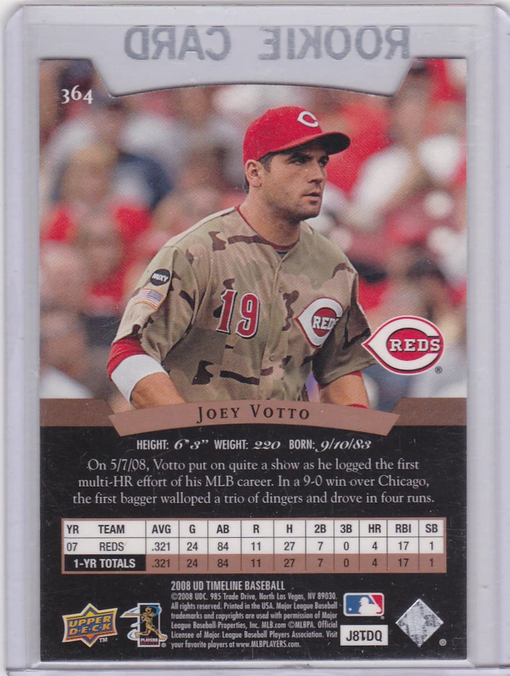 Tarjeta de béisbol Joey Votto RC 2008 Upper Deck SP troquelada ROOKIE prospectos Foto 2 de 2