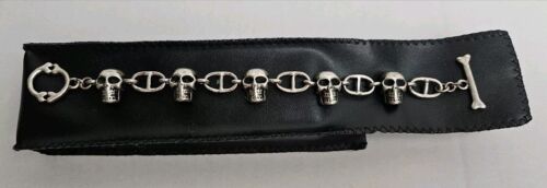 Vintage Sterling 925 - 52g Gothic Biker Skull-Bracelet Bones Toggle. 8" - Picture 2 of 5
