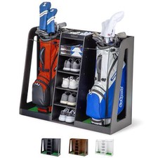 GoSports Premium Wooden Golf Bag Organizer and Storage Rack   Black, Brown, and