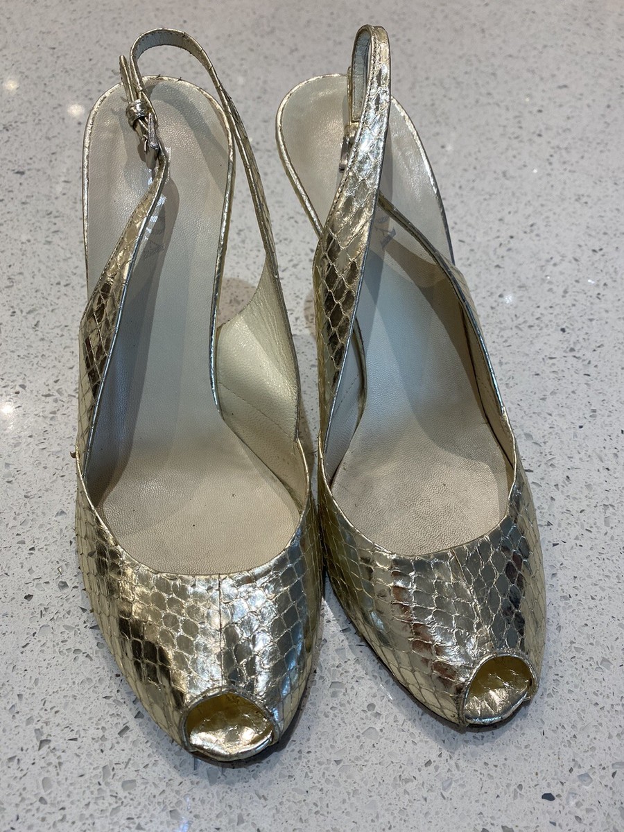 PRADA Gold Peep Toe Slingback Snake Effect Leather Size 38