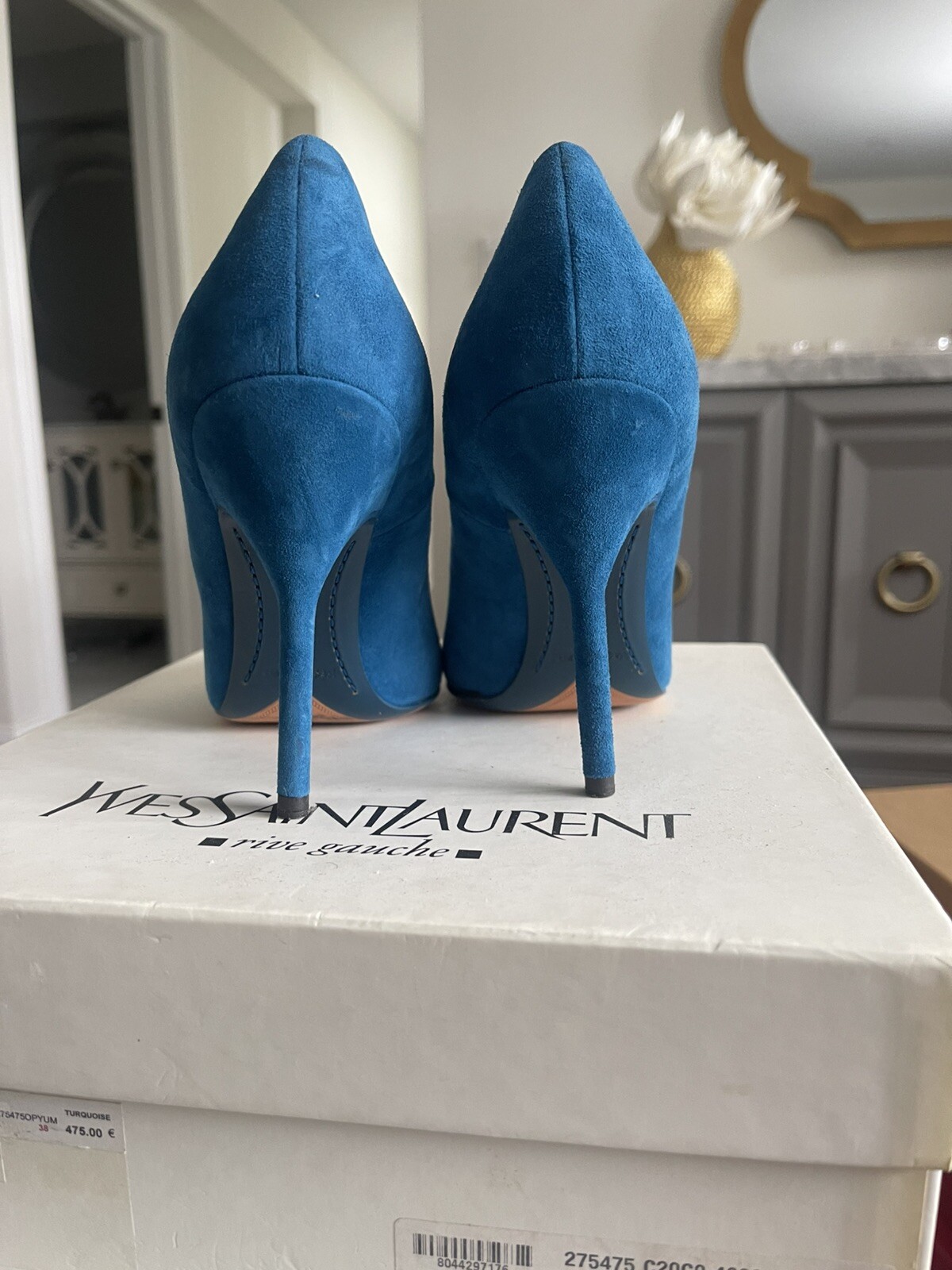 YSL Saint Laurent Opyum 105 decolte in camoscio color verde acqua tacco taglia 38