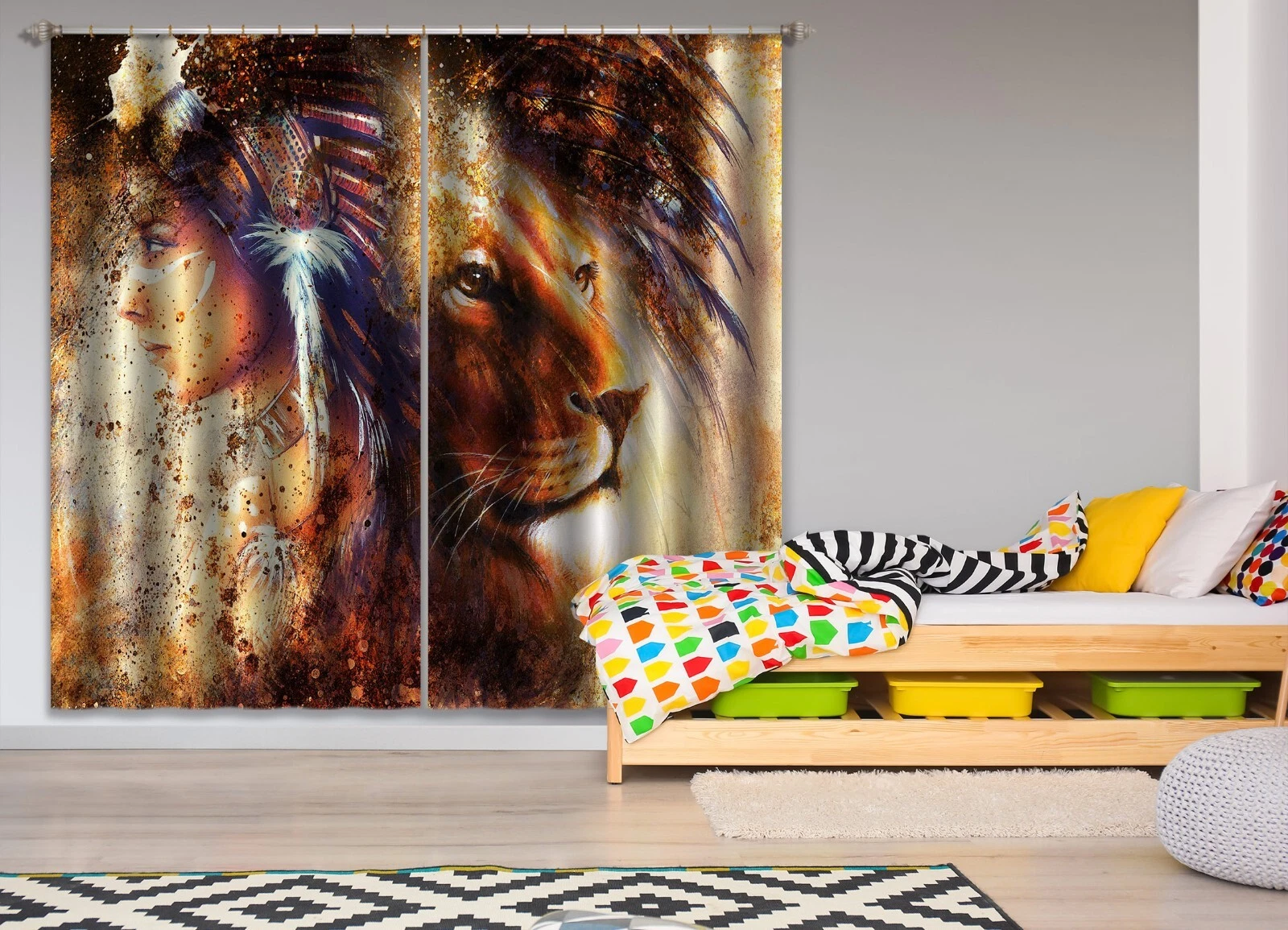 3D Feather Girl Lion ZHUB028 Photo Curtain Window Blockout Fabric Amy 2023