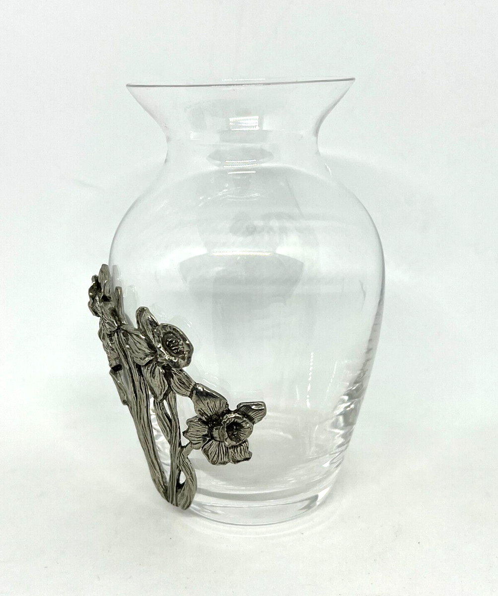 SEAGULL PEWTER 花瓶 Vintage 'Seagull Pewter' Glass Bud Vase with Daffodils - Made in