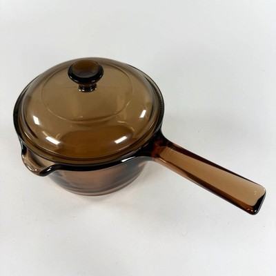 Vtg Vision Corning Ware USA 1L Amber Sauce Pan Pot w/Pour Spout & Pyrex Lid V1C