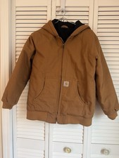 Carhartt Jacket Youth Large 14-16 Brown Canvas Full Zip Hooded Quilted Lined
