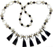 Vintage Necklace Black White Beaded Fringe Bib Lucite Gold Accents Faceted 5
