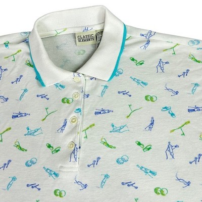 Classic Elements Vintage Golf Novelty Polo White All-Over Print Men Medium Shirt