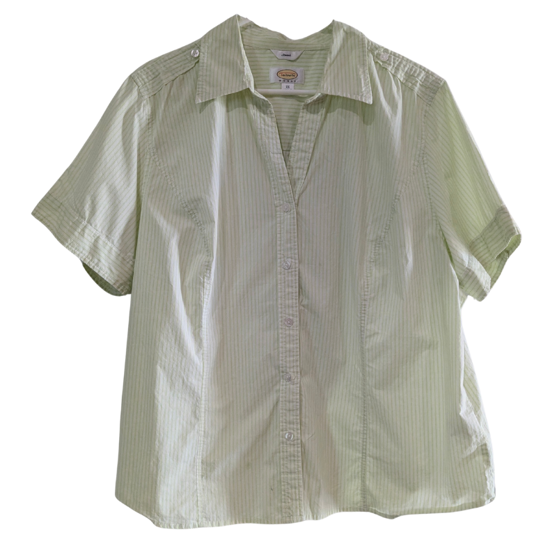 Talbot's Woman Green White Striped Button Down Shirt, Plus Size 2X, Short Sleeve