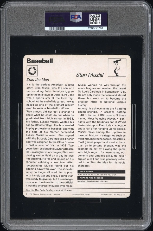Sportscaster Stan Musial 1977-79 firmado PSA 3 automático 9 doble grado corte más alto Foto 2 de 2