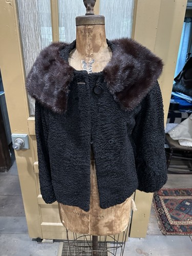 Designer Made, Black Poodle Jacket, Vintage, Mink Collar, Size 6, Original