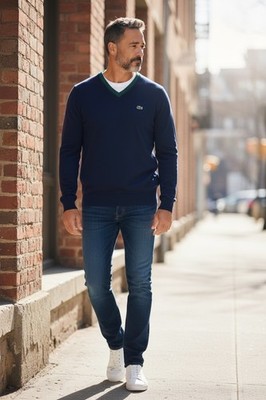 Lacoste V-Neck Cotton Spring Sweater Men'S VARIOUS SIZES NAVY