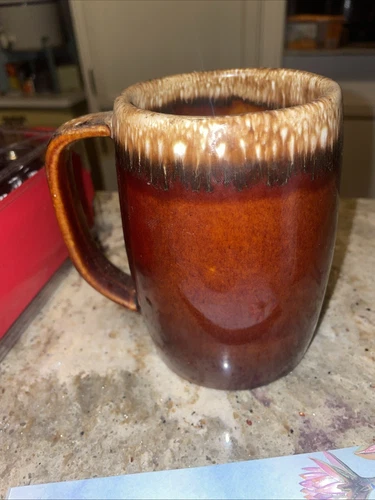 Vintage Hull Pottery Brown Drip Glaze Coffee Tea Mug USA 5” Tall 4piece Set