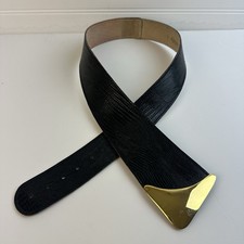 Retro 80s Black Leather Belt Reptile Lizard Embossed Asymmetrical Gold Buckle L