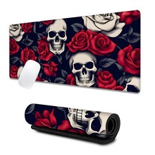 Horror Skull Large Gaming Desk Mat,Rubber Non-Slip Gothic Red Rose Mouse Pad,...