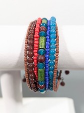 Boho Tribal Red Blue Beaded Wide Cuff Bracelet 7 inch