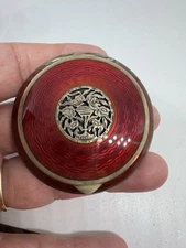 XLARGE VINTAGE EXQUISITE AUSTRIA YELLOW GUILLOCHE ENAMEL STERLING COMPACT-NR!