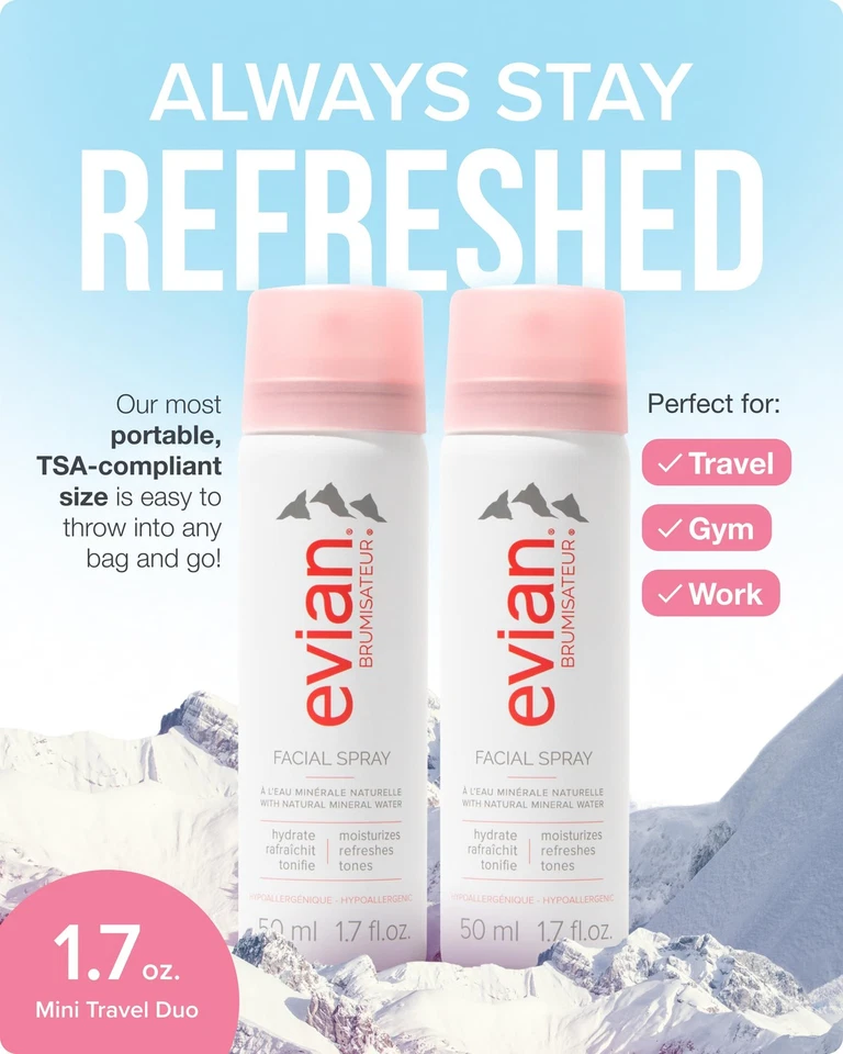 Evian Facial Spray 1.7 oz Travel Duo - Hydrating Mineral Water Mist for Face ... - Image 2 of 4
