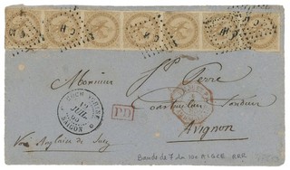 INDOCHINE TONKIN 1865 BANDE DE 7 10c AIGLE DEVANT LETTRE SAIGON RARETE