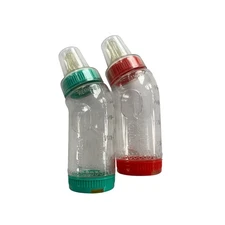 Vintage Playtex Avance 6 Oz Red Green Curved Nurser Baby Bottles & Lids Set of 2
